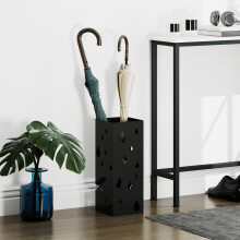 HOMCOM Metal Umbrella Stand, Square Umbrella Basket with 4 Hooks Drip Tray Black