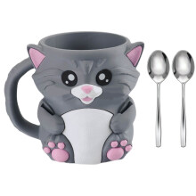 Cute Animal Ice Cream Cup Holder With-Cat gray With spoon