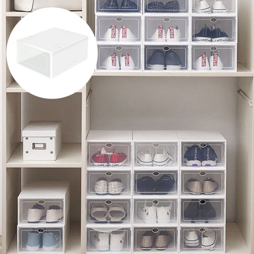Stackable Shoe Organizer Space Saving, Clear Plastic Shoe Storage Box with Foldable Structure, Transparent Heavy Duty Shoe Box for Easy to Assemble Ho 1
