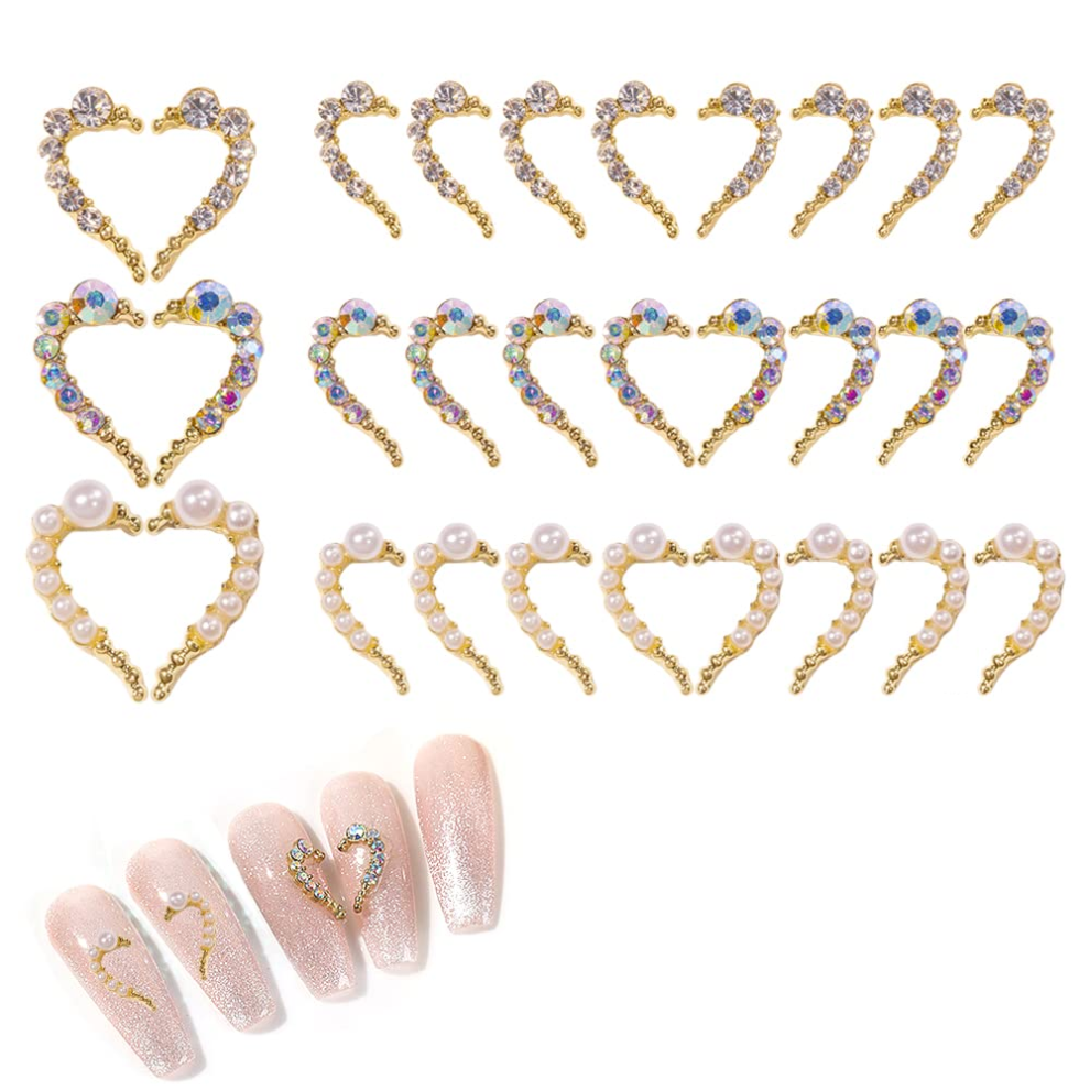 Heart-Shaped Nail Studs Set, Puffed Love Heart Nail Art Decor for Acrylic Nails, Wedding Pearl Rhinestone Embellishments, Hollow Heart DIY Nail