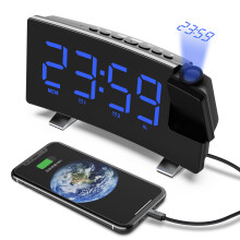 Ceas deșteptător cu proiecție pentru dormitor, radio FM cu 10 posturi presetate, port de încărcare USB, ecran curbat, afișaj LED HD cu