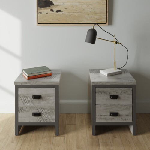 Pair Of Boston 2 Drawer Bedside Table Grey Cabinet