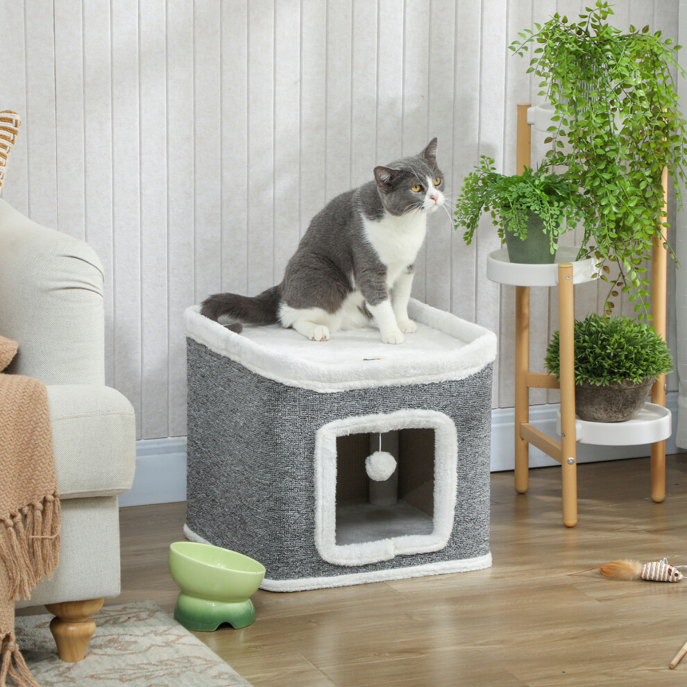 Pawhut Cat House For Indoor Kittens, 2-Level Cat Cave Bed, Grey