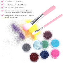 Glittertatoveringssett for barn og voksne, midlertidige glittertatoveringer med 24 fargers glimmer og gjenbrukbare sjablonger, hudvennlig vanntett