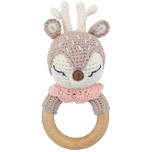 Babyrammelaar met bosdierenmotief, zacht rammelgeluid voor sensorische ontwikkeling, handgemaakt met liefde voor je kleintje.
