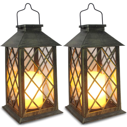 Lanterna de vela vintage com funcionamento a bateria, lanterna solar para pátio e decoração externa (bronze, pacote com 2)