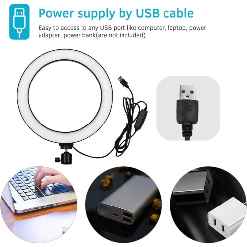 Ring Light LED com intensidade ajustável e tripé regulável, 10 polegadas, para laptop, com rotação de 360 e controle remoto sem fio. 1