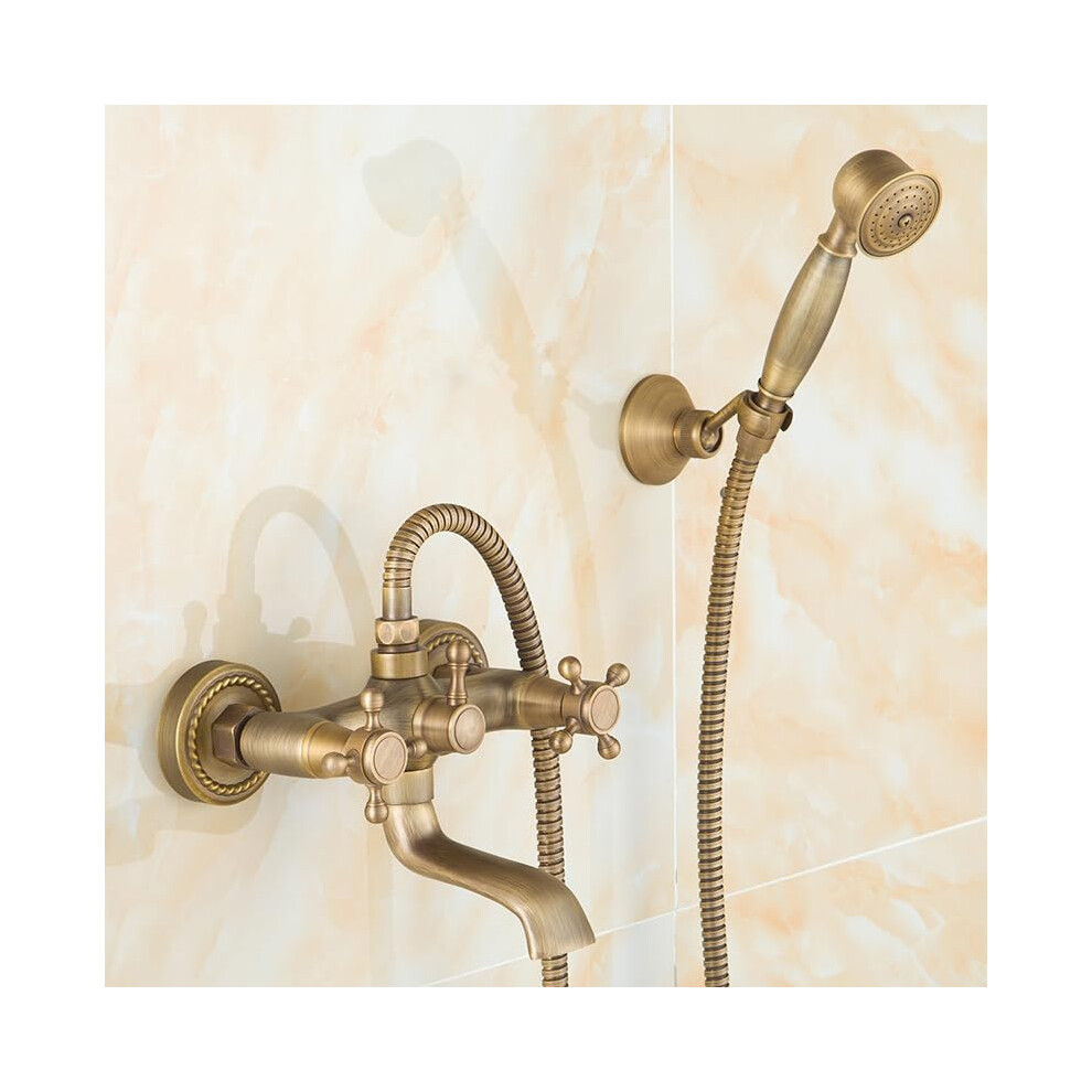 Wall Mounted Bath Mixer Taps With Shower Head, Handheld, Brass Antique Finish, Double Lever, Model A 9189345118067