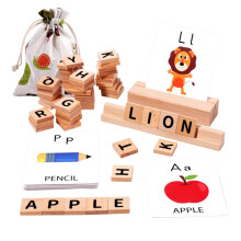 Matching letter game, alphabet learning toy spelling cards with wooden blocks for kids