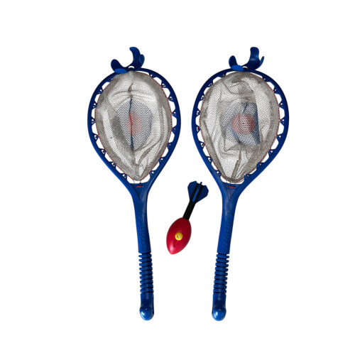 Funslinger kit. Includes 2 launching racket catch nets and 1 Whissile, whistling rubber projectile.