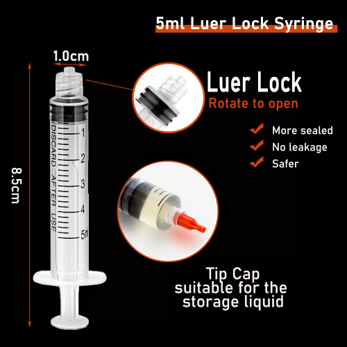 5Pack 5ml Ink Filling Syringe Luer Lock Plastic Syringes with Cap 2