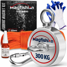 MAGFISHION Magnet Fishing Kit - 300 KG (700lb) - Ø60mm - Super Strong Neodymium Magnet with Rope (20M), Carabiner, Gloves, Threadlocker - Magnetic Po