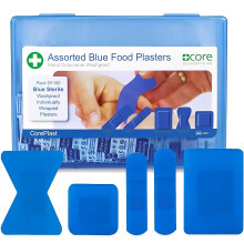 Blue Catering Plasters Assorted Hard Box 100x CorePlast Metal Detectable. Washproof Waterproof Medical Plaster Catering First Aid Kits, Easy Open, hi