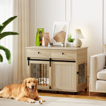 PawHut Dog Crate Furniture, Dog Cage w/ Wheels, 2 Drawers, Sliding Door, Oak