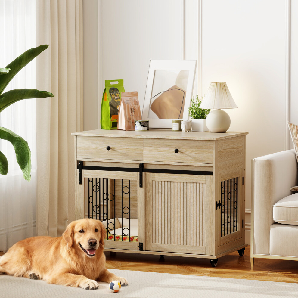 Pawhut Light Oak Dog Crate Furniture, Dog Cage W/ Wheels, 2 Drawers, Sliding Door, Oak In | Size: Large - Image 3