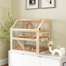 PawHut Wooden Hamster Cage w/ Detachable Bottom, Hut, Seesaw, Natural