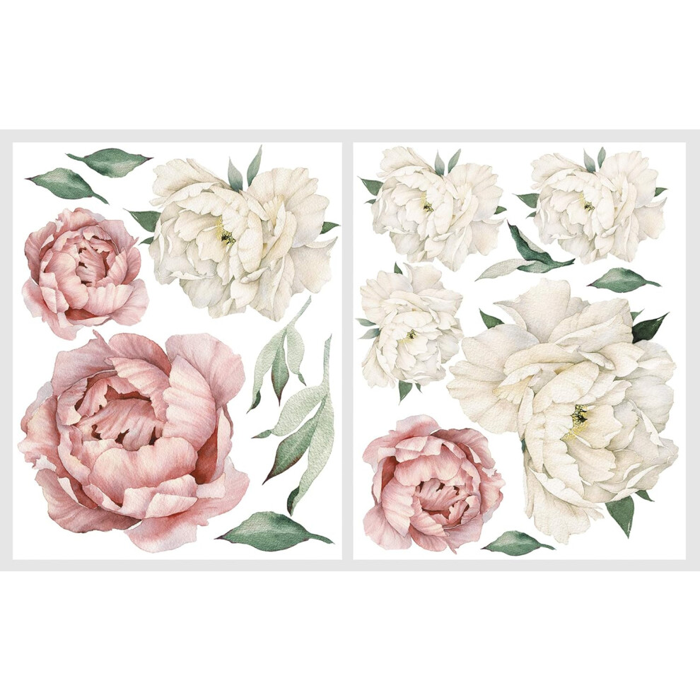 Floral Peonies Wall Art, Watercolor Wall Decals for Girls Room Botanical Bedroom Decor, Removable Self-Adhesive, Smooth Surface Application, Custom Wa