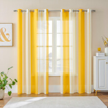 Yellow SemiTransparent Nordic Striped Pattern BiColour Eyelet Curtains, Set of 2, 132 x 214 cm, Polyester, Translucent for Living Room or Kitchen.