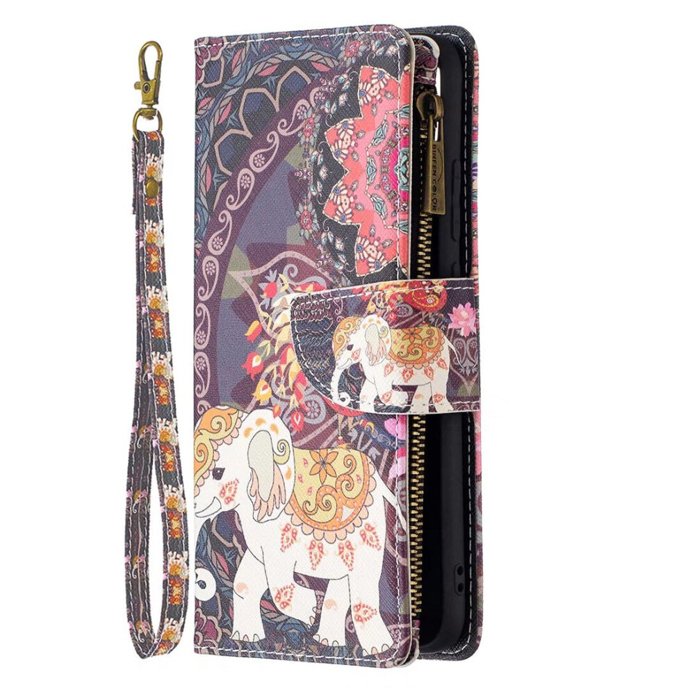 Wallet Case Pu Leather Flip Cover With Zipper Card Slots Magnetic Closure Elephant Flower For Samsung Galaxy S24 9199774048460