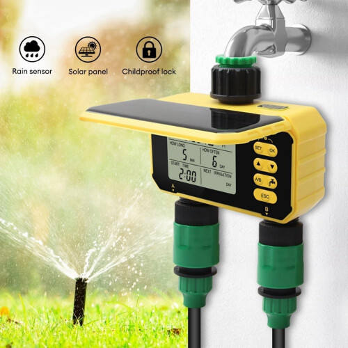 Solar Powered Irrigation Timer with Dual Outlet Control and Rain Sensor for Outdoor Garden 1
