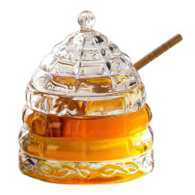 Glass Honey Jar with Wooden Dipper, Crystal Clear Pot for Jam, Syrup, Tea and Coffee