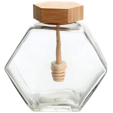 Honey Jar with Dipper Hexagonal Glass Honey Pot with Lid 220ml Clear Beehive Kitchen Dispenser