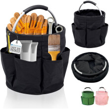 Sac de rangement pour produits de nettoyage avec 6 poches latérales et poignée rembourrée, pliable, idéal pour la maison et le linge, noir.