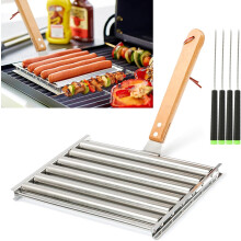 Grill-Hotdog-Roller aus Edelstahl mit Holzgriff, Wurstbrötchenhalter für gleichmäßig gegarte Hotdogs, Kapazität für 5 Hotdogs, groß