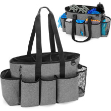 Sac de rangement professionnel pour produits de nettoyage, avec compartiments et poignée, gris.