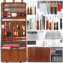 Leatherworking tool kit with custom cutting mats for handbags, engraving, punching, sewing, stamping, and sanding tools for professional crafts.