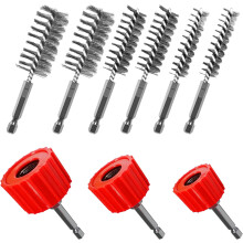 Copper pipe cleaner for drilling, includes 3 pipe cleaning brushes (1/2", 3/4", 1") and 6 stainless steel wire drill brushes, copper pipe cleaner set