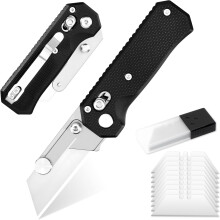 Folding utility knife with 10 blades, EDC quick-change box cutter with clip-on rail lock, black razor knife for men, office/factory work