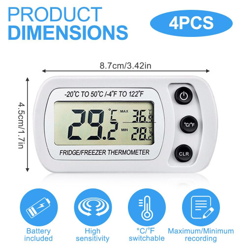 Refrigerator thermometer, 4-pack waterproof refrigerator temperature thermometer with large LCD screen, min/max C/F function, freezer thermometer 1