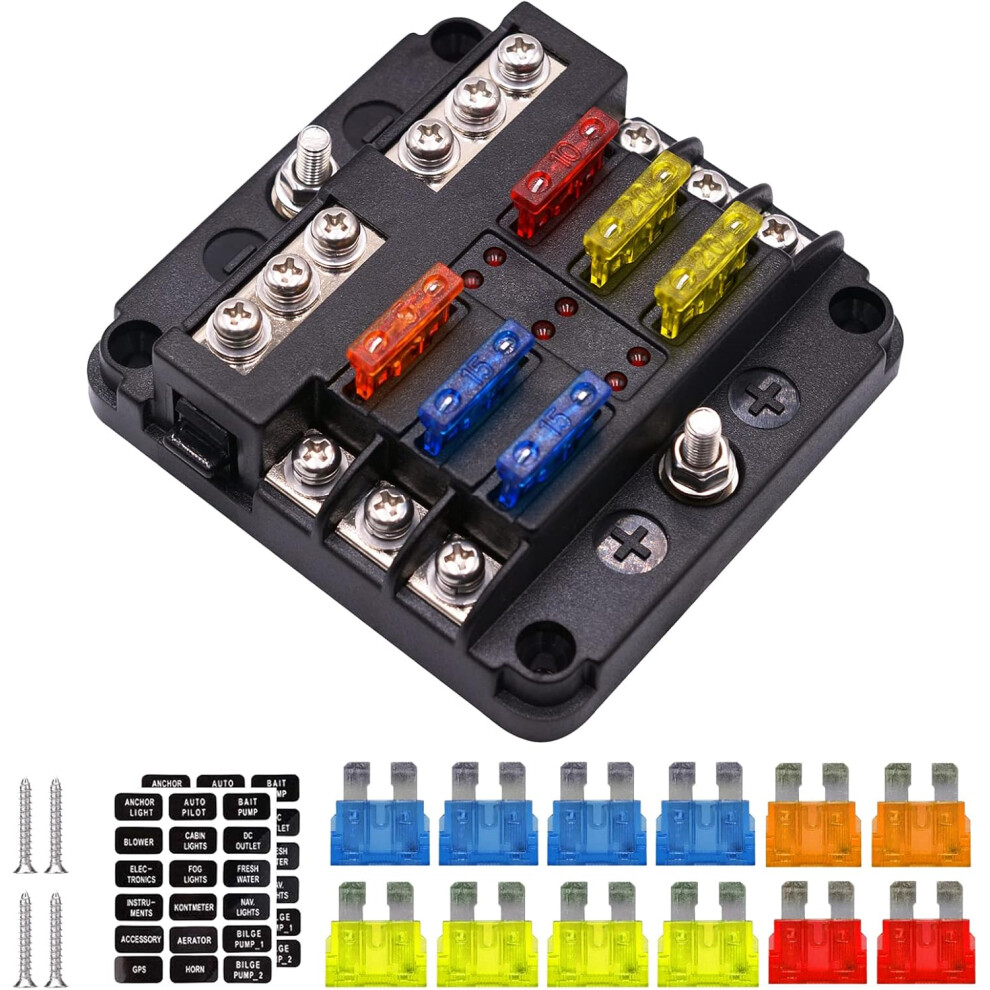 6-Way Blade Fuse Box, 12V/24V Circuit Fuse Holder Block With Negative Bus, Standard Car Blade With Led Indicator For Car, Truck, Boat 756594247702