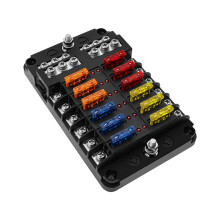 12V Fuse Box, Blade Fuse Block with Negative Bus, 12-Way Car Fuse Box Holder with LED Indicator Moisture Cover for Car, Automobile, Boat, 12V