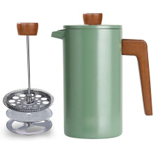 Double-walled French press coffee maker with wooden handle – 3 stainless steel filters for coffee and tea
