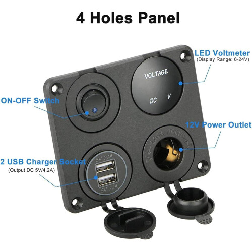 4-in-1 12V switch panel, dual 4.2A USB charging socket with waterproof ON/OFF rocker switch, LED digital voltmeter socket and cigarette lighter socket 1
