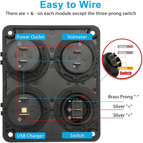 4-in-1 12V switch panel, dual 4.2A USB charging socket with waterproof ON/OFF rocker switch, LED digital voltmeter socket and cigarette lighter socket 2