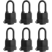 Waterproof, keyed-equal locks for outdoor use, covered laminated steel lock, 1-9/16 inch wide, long padlock, 6-pack