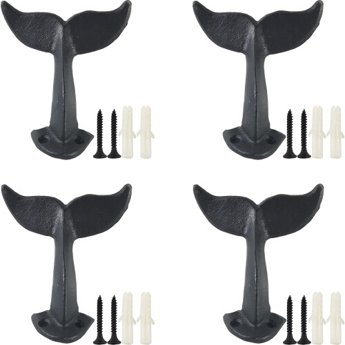4PCS cast iron whale tail wall hooks with mounting screws, wall ratchets, black