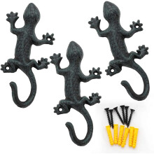 Gecko coat hooks for wall mounting, rustic cast iron key holder hooks, heavy-duty door hooks for decoration, set of 3