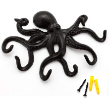 Octopus wall coat hooks, rustic cast iron key holder, 22.5 cm heavy-duty door hook with 6 tentacles - black