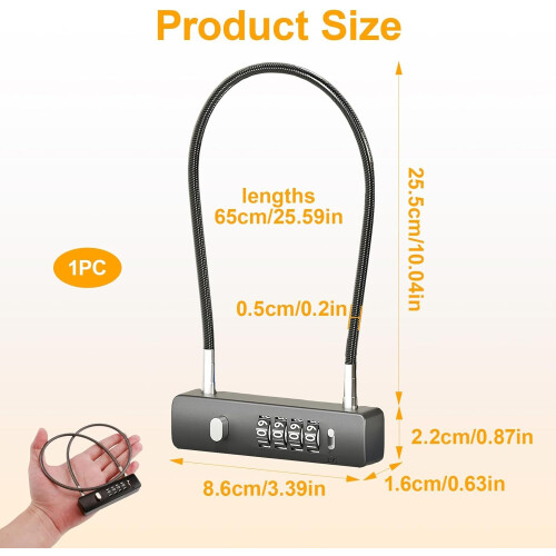 4-digit cable lock, 60cm long cable lock with code, high-security long luggage lock, U-wire bicycle locks 1