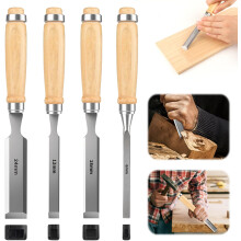 4-Piece Wooden Chisel Set - Hardened Carbon Steel Chisel Set with Wooden Handle - Woodworking Tools for Precision Work 6/12/18/24 mm