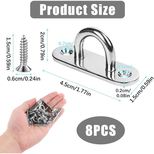 8-Pack Oblong Stainless Steel Eye Plate Ceiling Hooks with 16 Screws, M5 Eye Plate Hardware Staple Hook Loop 1