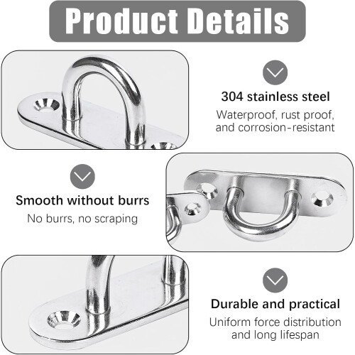 8-Pack Oblong Stainless Steel Eye Plate Ceiling Hooks with 16 Screws, M5 Eye Plate Hardware Staple Hook Loop 2