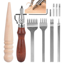4-teiliges Lochwerkzeug-Set, Ledernähgabeln + 5-in-1-Nutenschneider + Lederbürste aus Holz