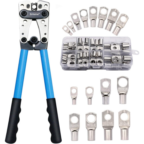 AWG 1/0-8 Battery Cable Crimping Tool Kit with Copper Ring Terminals, 60 Pieces, 8 Sizes