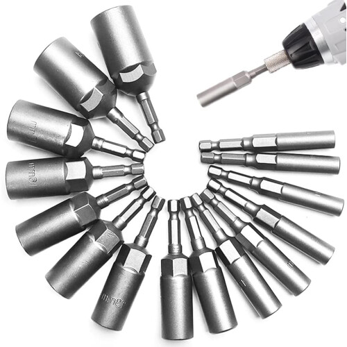 Deeper nut socket set, 5.5-19mm nut setting driver, 1/4" hex shank drill spindle set, 80mm long nut extractor socket