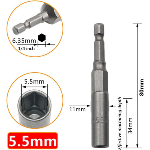 Deeper nut socket set, 5.5-19mm nut setting driver, 1/4" hex shank drill spindle set, 80mm long nut extractor socket 1